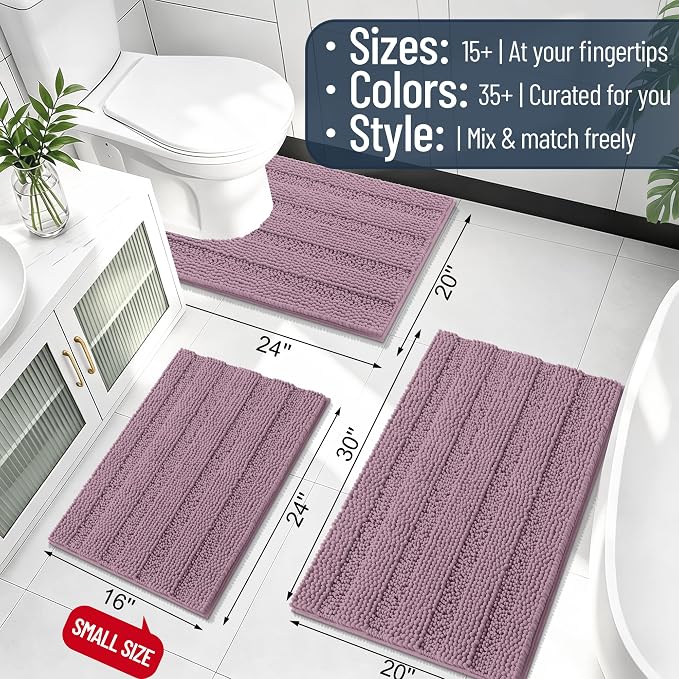 Smiry Thick Chenille Bathroom Runner Rugs 47x24, Soft Bath Mat, Deep Plum | Quick‑Dry & Machine Washable, Non‑Slip Bath Carpet, Striped Bath Rugs for Tub & Shower, Modern Home Decor Accessories