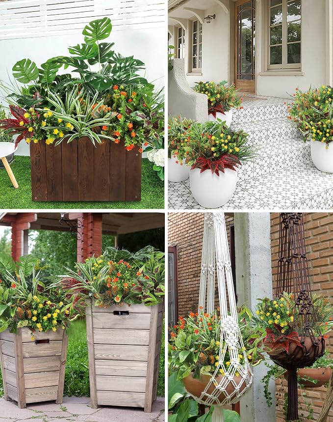 18 Pcs Artificial Plants for Outdoors Fake Greenery Stems | Faux boxwood shrubs flowers, UV resistant, indoor outdoor porch patio garden table vase window box spring summer home decor