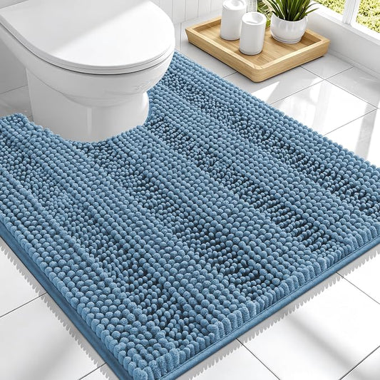 Smiry Thick Chenille Toilet Rugs U-Shaped 24x20, Soft Bath Mat, Airy Blue | Absorbent Striped Contour Bathroom Rugs, Machine Washable, Dry Quickly, Non‑Slip, Modern Home Decor Accessories