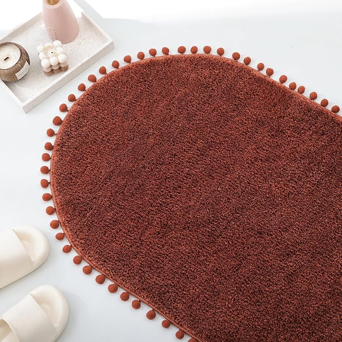 YIRDDEO Oval Rug for Bathroom, Boho Bath Mat with Pom, Terracotta, 36"x24" | Soft Plush, Absorbent, Quick Dry, Machine Washable, Non Slip Bath Mat for Bathroom Shower Floor Home Decor