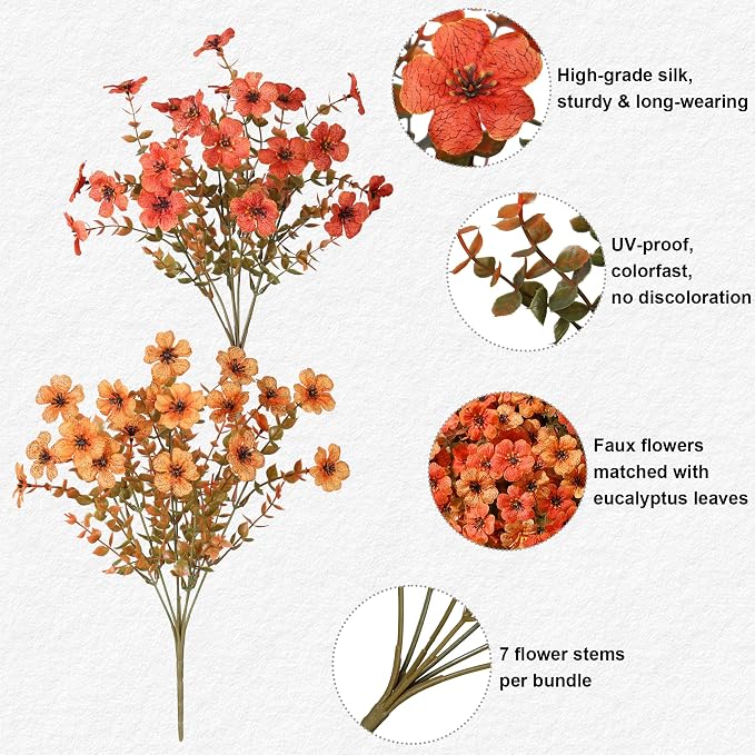 florisso Artificial Fall Flowers Fake Mums for Outdoor Autumn Decor | 12 Bundles Faux Silk Orange Yellow Mums Daisy + 1 Pc Reddish‑Brown Straw, UV Resistant for Outside Home Porch Patio Planter