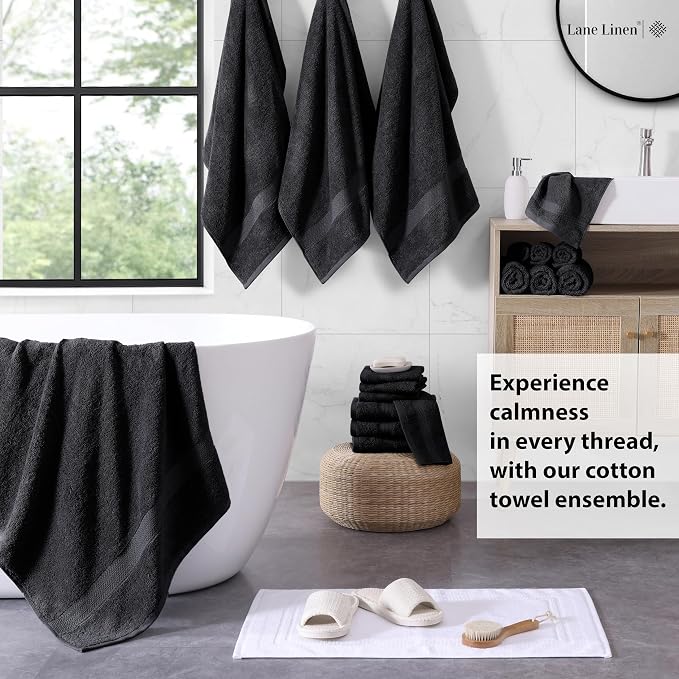 LANE LINEN Bath Towel Set Quick Dry 100% Cotton 18 Piece Soft - Black | Cotton Bath Towels - Classic Terry Weave, Densely Woven & Durable, Easy-Care, Coordinated Colors