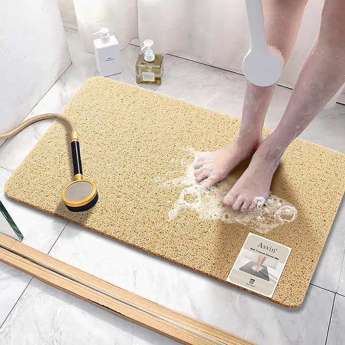 Soft Textured Bath, Shower, Tub Mat, 24x32 Inch, Phthalate Free, Non Slip Comfort Bathtub Mats with Drain, PVC Loofah Bathroom Mats for Wet Areas, Quick Drying