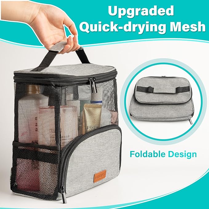 Hanging Toiletry Bag, Shower Caddy Tote Bag (Updated Version, Full Size Bottle Compatible), Bath Organizer for College Dorms, Gym, Camp, Women Men, with Funny Luggage Tag
