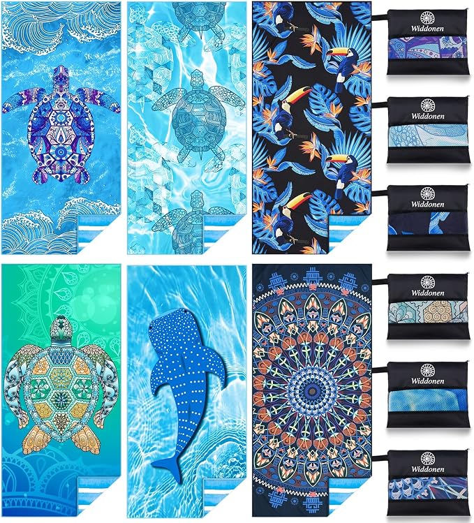 Widdonen Microfiber Beach Towel,Compact 6 Pack-71x32 Inch with Bag Travel | Extra Large,Lightweight,Thin,Sand Free,Quick Dry,Absorbent.Packable for Camping,Swim,Pool,Bath,Picnic,Cruise Essentials Gift