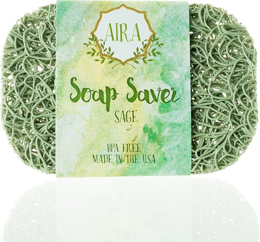 Aira Soap Saver - Soap Dish & Soap Holder Accessory - BPA Free Shower & Bath Cleanser Holder - USA Made - Drains Water, Circulates Air, Extends Life - Easy to Clean, Fits All Dish Sets - Sage