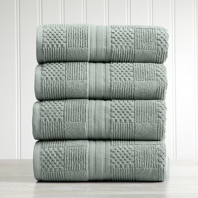 100% Cotton Bath Towel Set | 4-Pack | Textured | Eucalyptus | Luxury Geometric Design | Absorbent & Quick-Dry Bathroom Towels | Textured and Durable Cotton Towels for Bathroom | OEKO-TEX