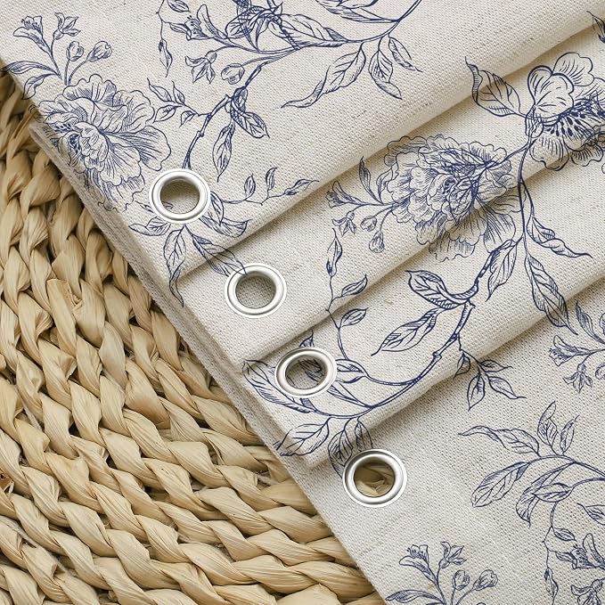 MUGINYU Blue Floral Toile Shower Curtain with Ruffle Trim - Vintage French Country Bathroom Decor with Linen Texture, Cottagecore Aesthetic Pattern, 72x72 Inches