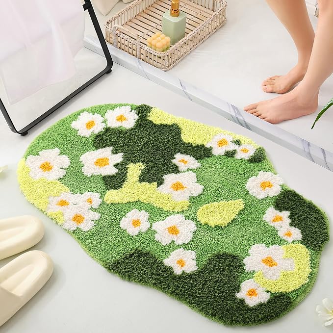 YIKUSH Moss Rug, Cute Green Plant Bath Mat with White Flowers, 32x20 Inch | Bathroom Decor Aesthetic, Soft Absorbent, Quick Dry, Machine Washable, Non Slip Bath Mat for Bedroom Shower Floor Home Decor