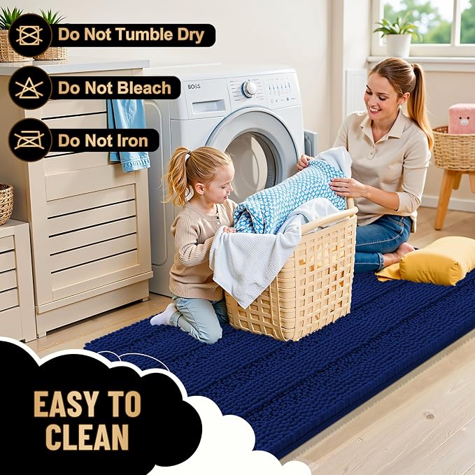 OLANLY Thick Large Bathroom Rugs 40x32, Soft Chenille Bath Rugs, Navy | Absorbent Striped, Rubber Backing, Machine Wash Dry, Bath Mats for Bathroom Floor, Tub and Shower, Home Decor Accessories