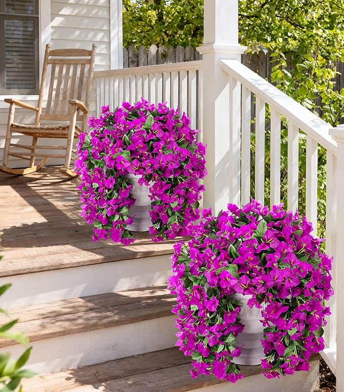 Faux Bougainvillea Artificial Flowers Plants for Outdoors Outside Decoration, 2 pcs Purple Fake Flowers UV Resistant Look Real Silk Long Trailing Vines for Front Door Porch Planter Urn Patio Garden