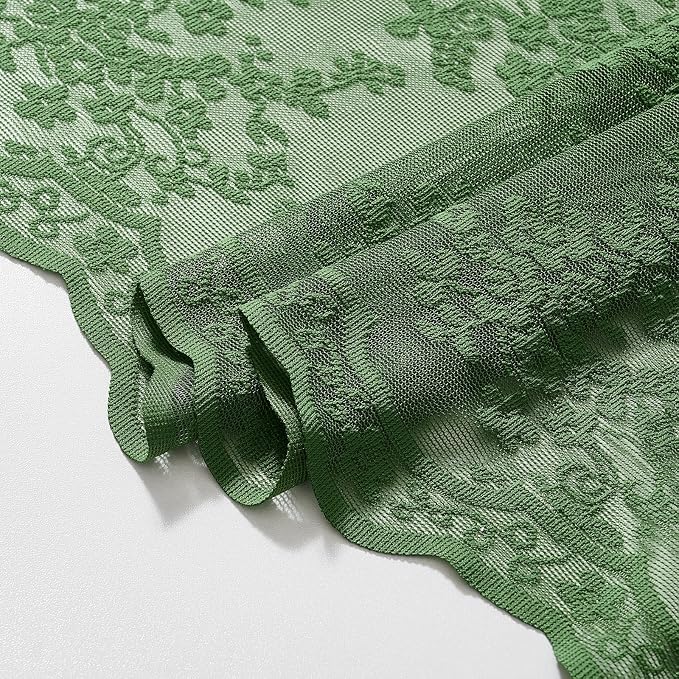 Green Lace Shower Curtain 36x72, Narrow Stall with Attached Valance | Sheer Shower Curtain with Scalloped, lets in soft light for Farmhouse Cottagecore Stalls, RVs and Small Bathrooms