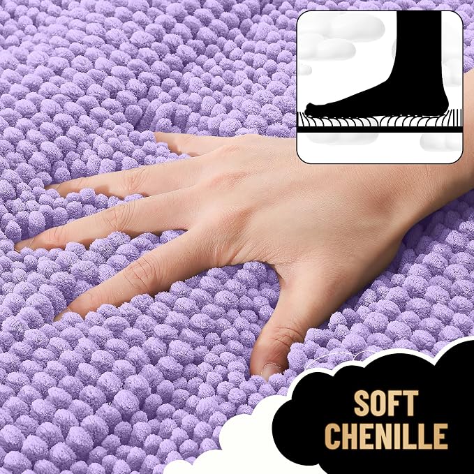 OLANLY Thick Small Bathroom Rugs 24x16, Soft Chenille Bath Rugs, Lavender | Rubber Backing, Machine Wash, Extra Absorbent Striped Bath Mats for Bathroom Floor, Tub and Shower, Home Decor Accessories