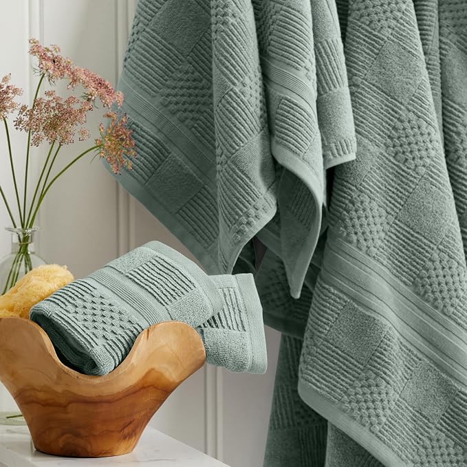 100% Cotton Bath Towel Set | 6-Piece Set | Eucalyptus | Luxury Geometric Design | Absorbent & Quick-Dry Bathroom Towels | Textured and Durable Cotton Towels for Bathroom | OEKO-TEX