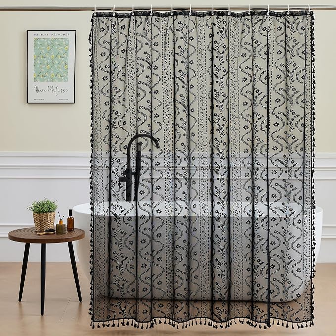WAZZIO Black Lace Shower Curtain - Vintage Pretty Floral Sheer Shower Curtains Goth, Decorative Tassel Bath Curtains for Bathroom, 72 x 72 Inch, 1 Panel