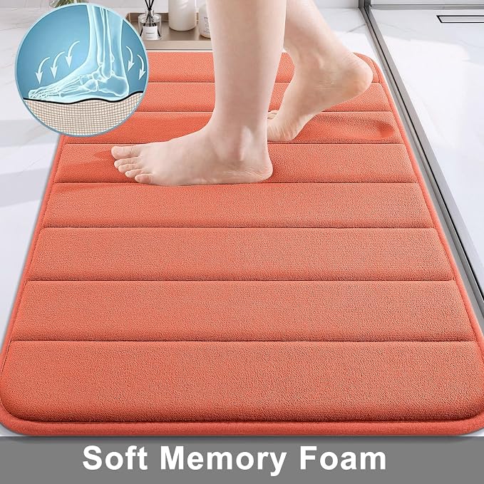 Buganda Memory Foam Bath Mat 35.4 x 24, Ultra Soft Absorbent Bathroom Rugs | Coral, Machine Washable Quick Dry Bath Mats for Bathroom Floor, Shower and Tub, Home Decor Accessories
