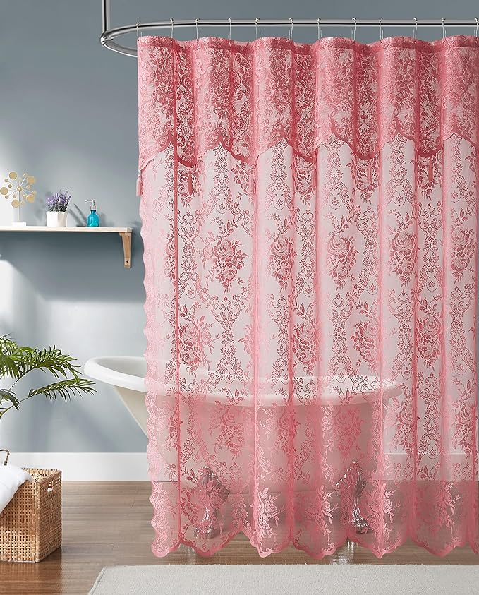 Warm Home Designs Pink Stall Shower Curtain with Valance. LA Rose 36 | Small Pink Shower Curtain 36 x 72 Inches with Attached Valance & Tassels. Luxury Lace Stall Shower Curtain for Bathroom.