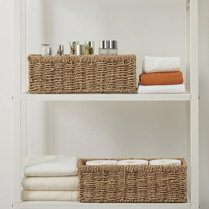 Wicker Storage Basket, Hand-Woven Seagrass Wicker Baskets with Handles, Toilet Paper Basket for Toilet Tank Top, Small Wicke Baskets for Organizing Shelves, 2-Pack, Seagrass