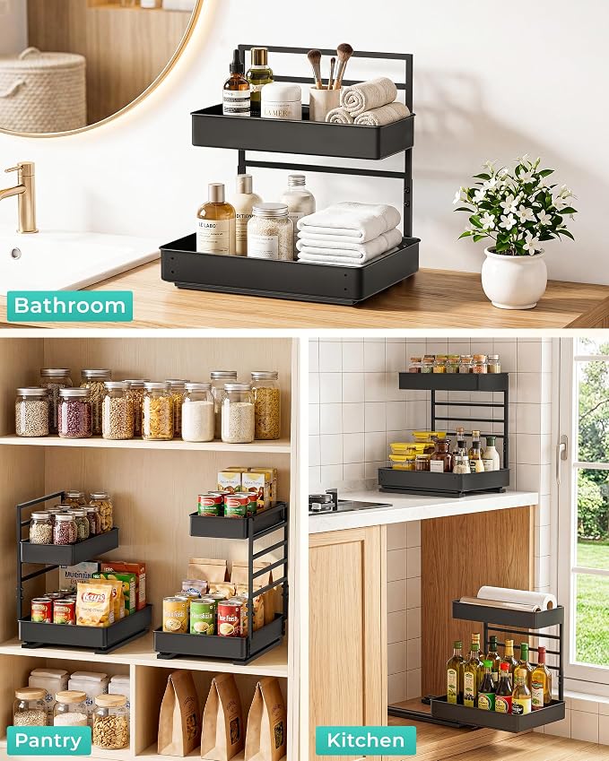 EVERIE Height Adjustable 2 Tier Metal Pull Out Slide Shelf Organizer for Under Sink Cabinets in Kitchen, Bathroom, with Snap-on Top Tray, 16" Deep (Black, 2 Sets) | Pull Out
