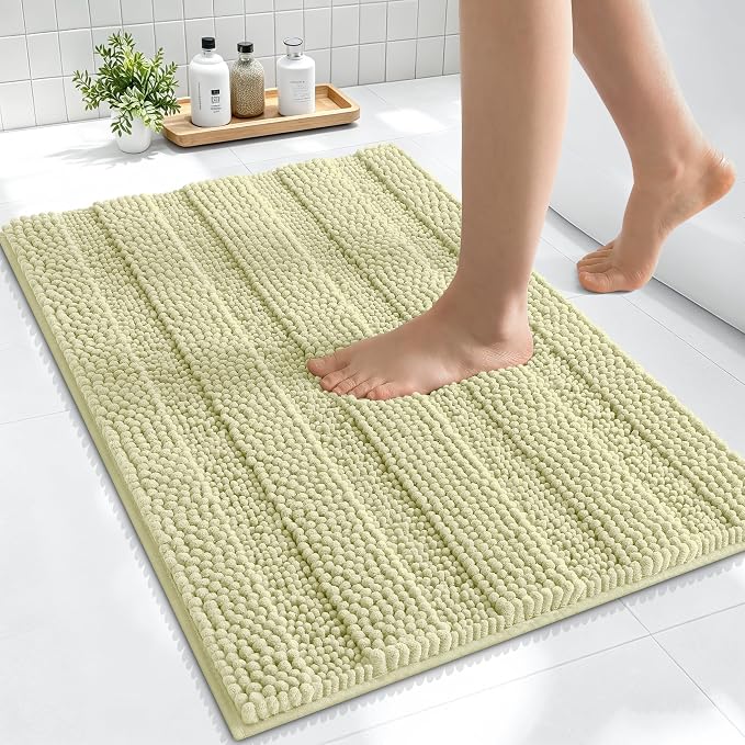Smiry Thick Small Chenille Bathroom Rugs 24x16, Absorbent Bath Mat, Vanilla | Quick‑Dry & Machine Washable, Non‑Slip Bath Carpet, Soft Striped Bath Rugs for Tub & Shower, Modern Home Decor Accessories