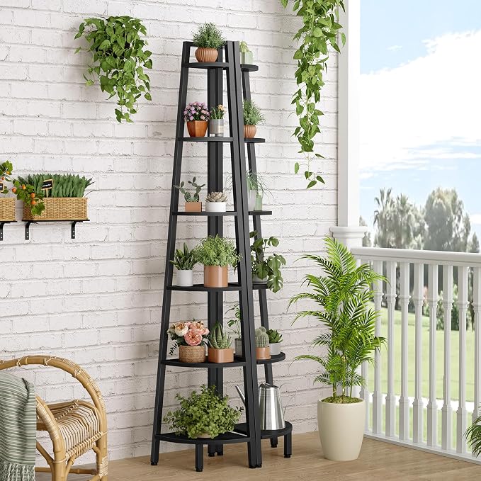 Hoctieon Corner Shelf, 6-Tier Corner Bookshelf, Rustic Ladder Shelf, Industrial Display Stand for Living Room, Kitchen, Home Office, Balcony, Small Space, Metal Frame, Black