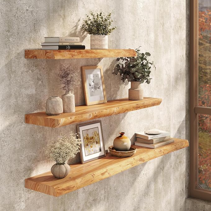 48 Inch Floating Wall Shelves Solid Elm Wood | Long Live Edge Rustic Shelving, Natural Wood Finish, Hidden Brackets, Wall Decor For Kitchen And Living Room