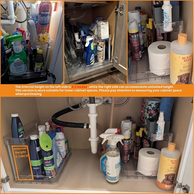 2 Pack 14.5″ Deep Pull Out Under Sink Organizer,10.8″ High 2 Tier Slide Out Cabinet Organizer for Kitchen Cabinet,Undersink Organizers,Under Sink Shelves,Bathroom Organizers and Storage,Clear