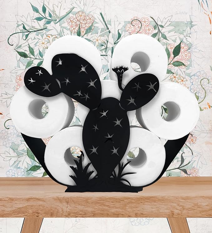 Black Cactus Metal Toilet Tissue Holder, Decorative FreeStanding Paper Holder for Bathrooms, Organizer Holds Extra 8 Rolls
