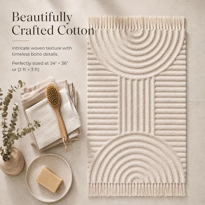KIBAGA Beautiful Boho Rug with Tassels for Your Bathroom - Soft 2 x 3 ft. Cotton Rug Fits Perfectly Into Your Bath - Washable, Non-Slip Mat Ideal to Enhance Any Modern Home Decor, 24 x 36 inch