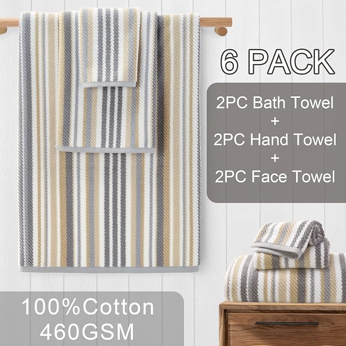 VOOVA & MOVAS Striped Towels 6 Pack, 100% Cotton, Gray Beige | All-Around Bathroom Use, Available in 13x13, 16x27, 28x52 In, Quick Dry, Soft, Absorbent, Bath Towels with Hanging Loops