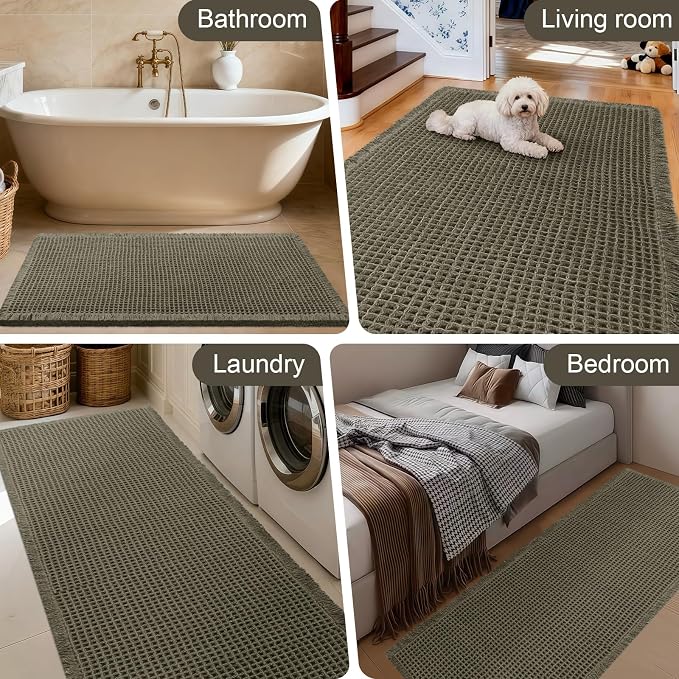 Upgraded Waffle Bath Mat, 32"x20" Greyish Green, Super Absorbent Non-Slip Quick Dry Bathroom Rugs with Tassels, Machine Washable Ultra Soft Boho Bath Rugs for Floor, Toilet Mats Boho Farmhouse Decor