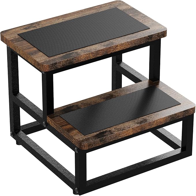 SZLHANJZ Step Stool, Wood & Metal Step Stools for Adults Kids, 500 LB Load | Multi Purpose Round Corner Bed Step Stools for High Beds, Dog Steps Portable Stepping Stool for Bedroom Kitchen, Rustic Brown