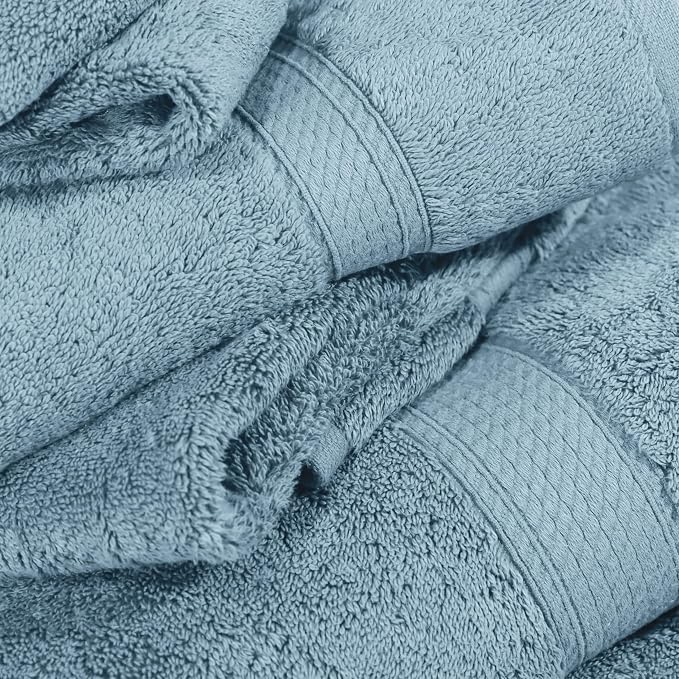 SUPERIOR Egyptian Cotton Ultra Plush & Absorbent, 12 Piece Set, Denim Blue | Heavyweight 12 Pc Egyptian Cotton Towel Set Includes 4 Bath Towels 4 Hand Towels 4 Washcloths Decorative Rope Border