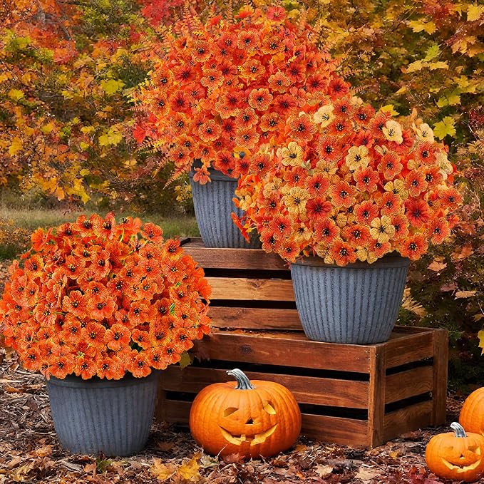 24PCS Artificial Fall Flowers for Outdoors, Fake Mums, Orange | Realistic Faux Silk Flowers, Fall Decorations for Home Porch Yard Planters, Thanksgiving & Harvest Autumn Decor