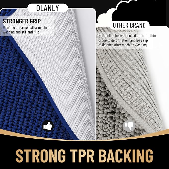 OLANLY Thick Chenille Bathroom Rugs 36x24, Soft Absorbent Bath Mat, Navy | Bath Rugs, Rubber Backing, Machine Wash Dry, Bath Mats for Bathroom Floor, Tub and Shower, Home Decor Accessories