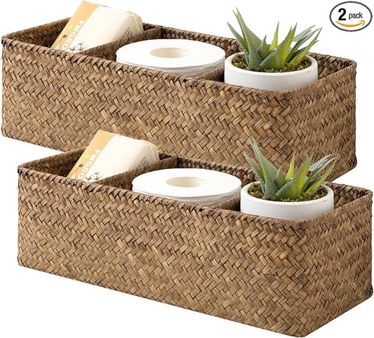 StorageWorks Toilet Paper Basket, 3-Section Toilet Tank Basket, Seagrass | Wicker Basket, Toilet Paper Storage for Back of Toilet Tank, Woven Baskets for Shelves, Wicker Baskets with 3 Compartments
