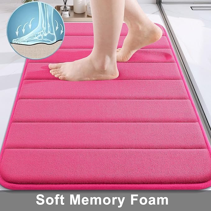 Buganda Memory Foam Bath Mat 47 x 24, Ultra Soft Absorbent Bathroom Rugs | Deep Pink, Machine Washable Quick Dry Bath Mats for Bathroom Floor, Shower and Tub, Home Decor Accessories