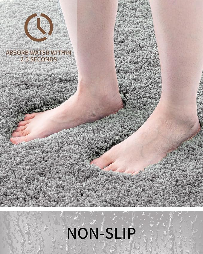 Bathroom Rugs Non Slip Washable 36x24, Ultra Thick Soft Microfiber Absorbent Bath Mats, High Density Foam Latex Non Slip Backing Bath Rugs, Fluffy Floor Carpet for Tub&Shower, Grey