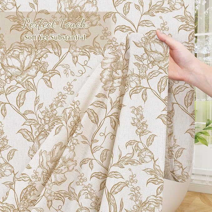 Brown Boho Linen Shower Curtain, Farmhouse Floral for Bathroom | Botanical floral print. Rustic farmhouse boho decor. Durable linen blend fabric. Machine washable for easy care. 72x72