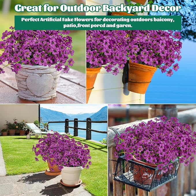 Lnoicy 12 Pcs Artificial Flowers for Outdoor,Plastic Flowers Decoration, UV Resistant Faux Flowers Shrubs, Artificial Plants for Indoor Outside Garden Home Wedding Farmhouse(Fuchsia)