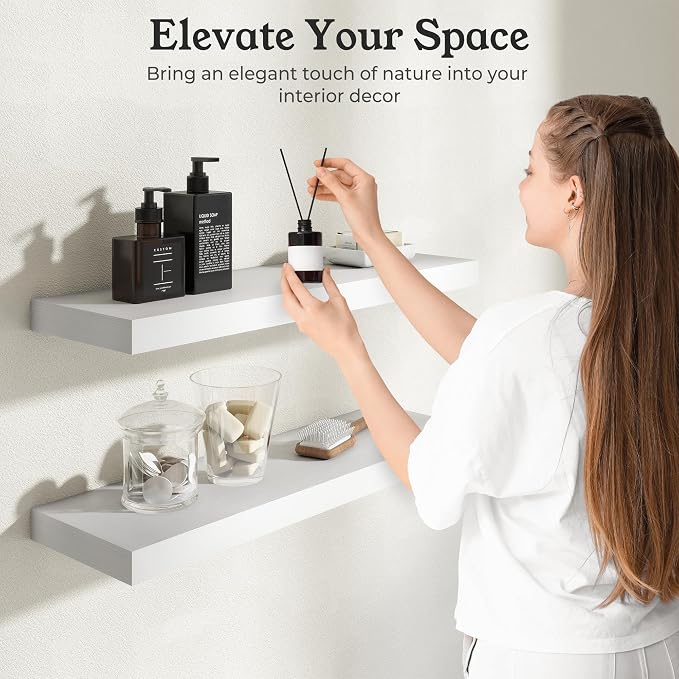White Floating Shelves for Wall, 9.3" Deep Wall Mounted Wood Shelves for Bathroom, Bedroom, Living Room, Kitchen, Hanging Shelf for Books/Storage/Room Decor (White, 36")