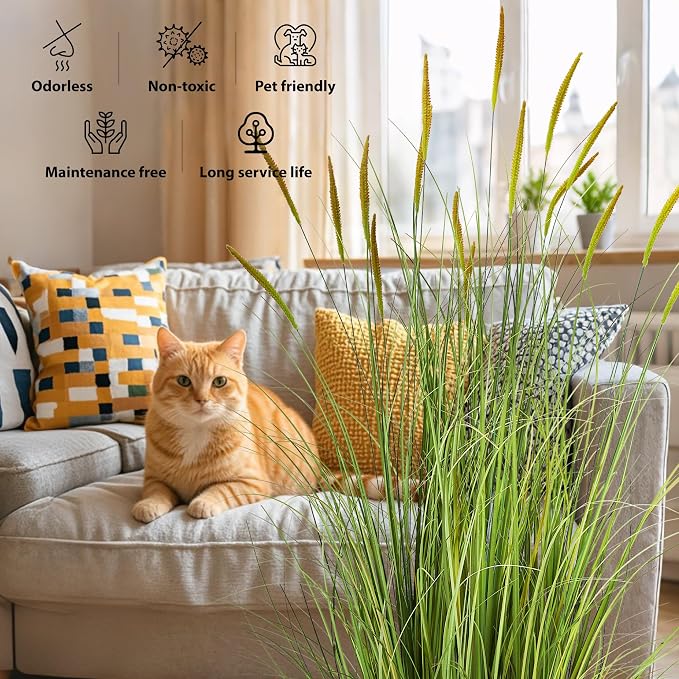 KOL 3ft 2-Pack Artificial Cattail Reed Grass, 35in Artificial Indoor Outdoor Fake Onion Grass Plant, Home Office Decorative Artificial Plants in Pot Faux Plant Greenery, Housewarming Gift, Green
