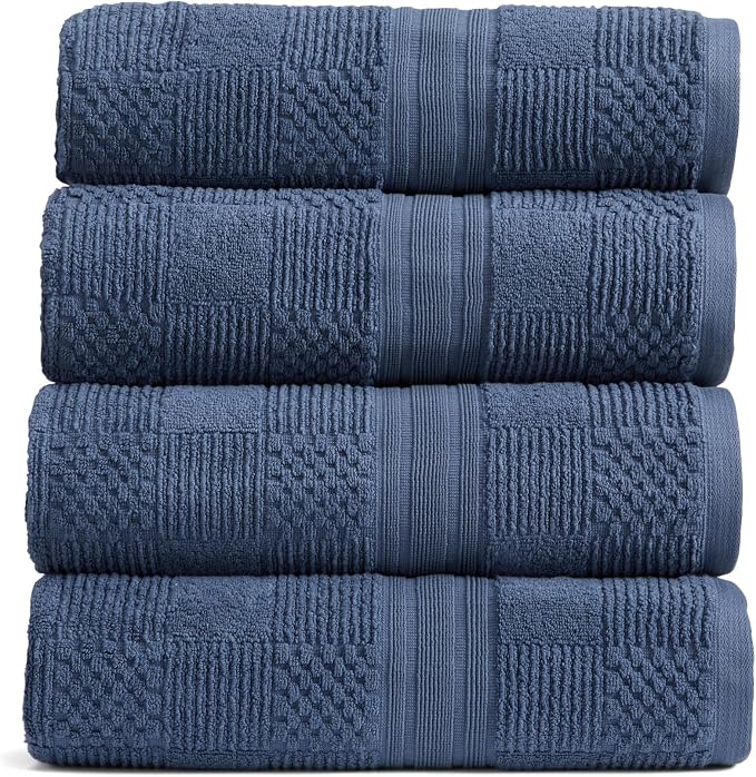 100% Cotton Bath Towel Set | 4-Pack | Textured | Indigo | Luxury Geometric Design | Absorbent & Quick-Dry Bathroom Towels | Textured and Durable Cotton Towels for Bathroom | OEKO-TEX