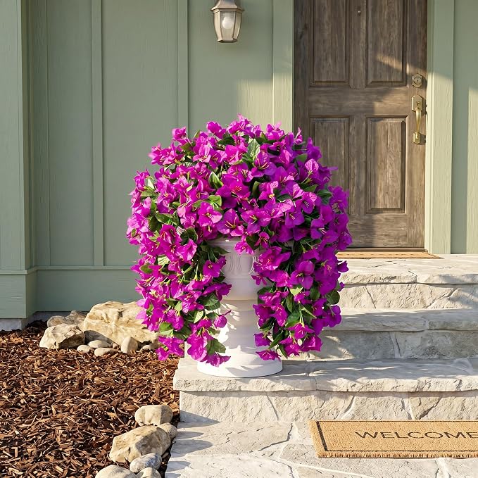Faux Bougainvillea Artificial Flowers Plants for Outdoors Outside Decoration, 2 pcs Purple Fake Flowers UV Resistant Look Real Silk Long Trailing Vines for Front Door Porch Planter Urn Patio Garden