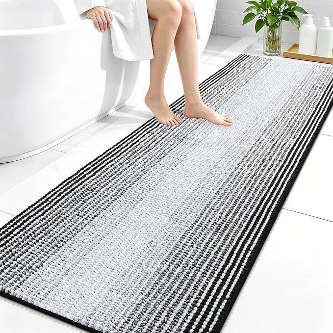 OLANLY Bathroom Runner Rugs 70x24, Soft Chenille Striped Bath Rugs, Black | Extra Absorbent, Rubber Backing, Machine Wash Dry, Bath Mats for Bathroom Floor, Tub and Shower, Home Decor Accessories