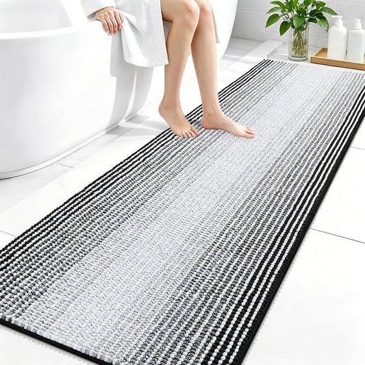 OLANLY Bathroom Runner Rugs 70x24, Soft Chenille Striped Bath Rugs, Black | Extra Absorbent, Rubber Backing, Machine Wash Dry, Bath Mats for Bathroom Floor, Tub and Shower, Home Decor Accessories