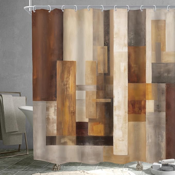 Abstract Brown Rustic Tan Block Rust Wood Bathroom Shower Curtain Set | 72Wx72H Geometric Farmhouse design, waterproof HD print with fast-drying fabric and 12 hooks.