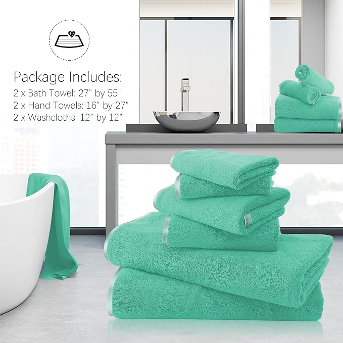 TENSTARS Luxury Silk Hemming Towel Set - Light Thin Quick Drying - 2 Bath Towels 2 Hand Towels 2 Washcloths - Ultra Soft Microfiber Towel for Bath Fitness, Sports, Yoga, Travel (Aqua Green, 6 Pieces)