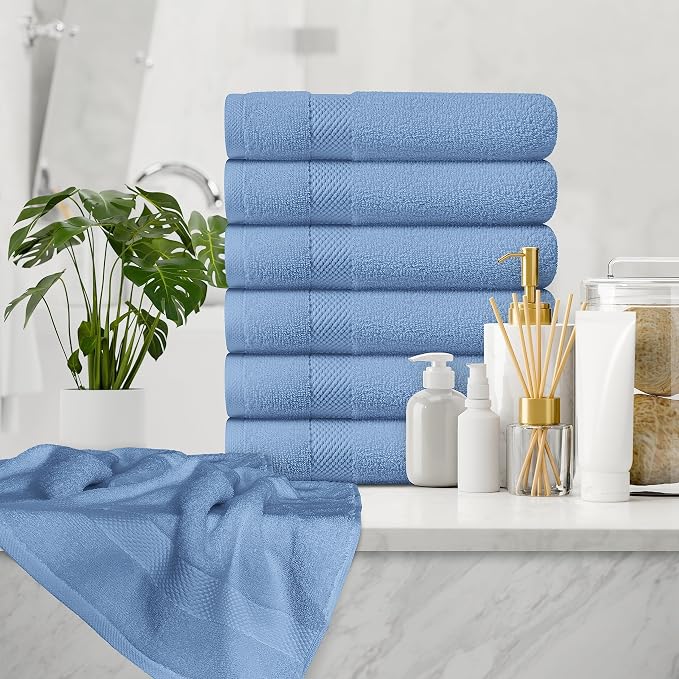 White Classic Luxury Light Blue Hand Towels - Soft 100% Turkish Cotton | Highly Absorbent Hotel spa Bathroom Towel Collection | 16x30 Inch | Set of 6