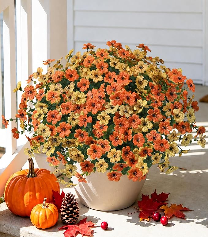 florisso Artificial Fall Flowers Fake Mums for Outdoor Autumn Decoration | 12 Bundles Faux Silk Orange Yellow Mums Daisy Look Real UV Resistant for Outside Home Porch Patio Planter